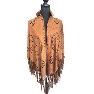 Fringed Brown Laser-Cut Western Hippie Shawl Poncho Soft Suede-Like Boho Wrap
